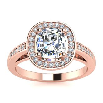 1 3/4 Carat Cushion Cut Halo Diamond Engagement Ring In 14 Karat Rose Gold