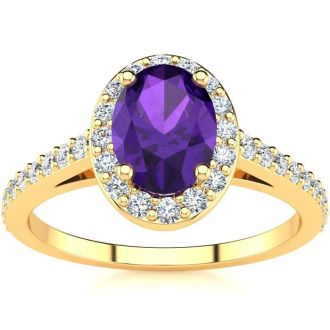1 Carat Oval Shape Amethyst and Halo Diamond Ring In 14 Karat Yellow Gold