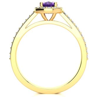 1 Carat Oval Shape Amethyst and Halo Diamond Ring In 14 Karat Yellow Gold