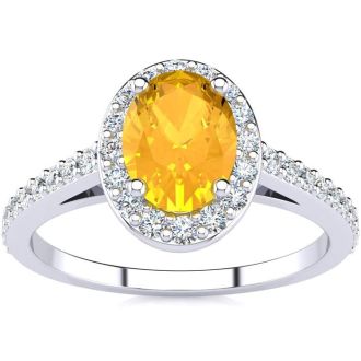 1 Carat Oval Shape Citrine and Halo Diamond Ring In 14 Karat White Gold