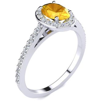 1 Carat Oval Shape Citrine and Halo Diamond Ring In 14 Karat White Gold