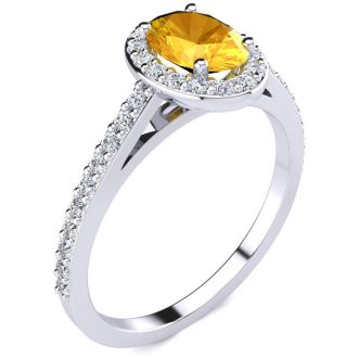 1 Carat Oval Shape Citrine and Halo Diamond Ring In 14 Karat White Gold