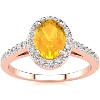 1 Carat Oval Shape Citrine and Halo Diamond Ring In 14 Karat Rose Gold