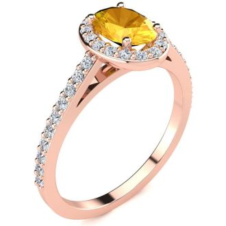 1 Carat Oval Shape Citrine and Halo Diamond Ring In 14 Karat Rose Gold