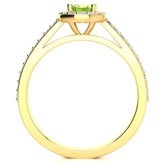 1 Carat Oval Shape Peridot and Halo Diamond Ring In 14 Karat Yellow Gold