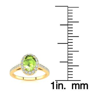 1 Carat Oval Shape Peridot and Halo Diamond Ring In 14 Karat Yellow Gold