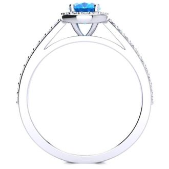 1 1/3 Carat Oval Shape Blue Topaz and Halo Diamond Ring In 14 Karat White Gold