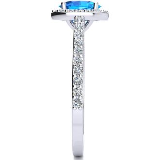 1 1/3 Carat Oval Shape Blue Topaz and Halo Diamond Ring In 14 Karat White Gold