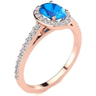 1 1/3 Carat Oval Shape Blue Topaz and Halo Diamond Ring In 14 Karat Rose Gold