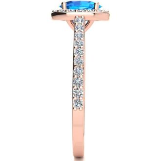1 1/3 Carat Oval Shape Blue Topaz and Halo Diamond Ring In 14 Karat Rose Gold