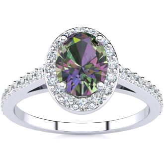 1 Carat Oval Shape Mystic Topaz Ring With Diamond Halo In 14 Karat White Gold