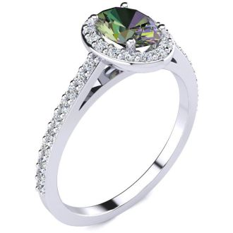 1 Carat Oval Shape Mystic Topaz Ring With Diamond Halo In 14 Karat White Gold