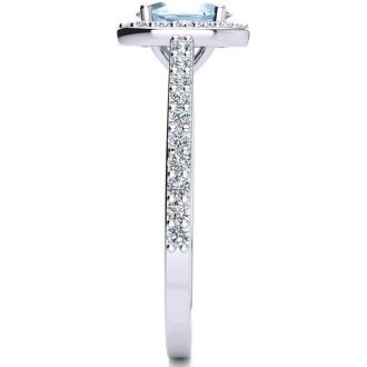 Aquamarine Ring: Aquamarine Jewelry: 1 Carat Oval Shape Aquamarine and Halo Diamond Ring In 14 Karat White Gold