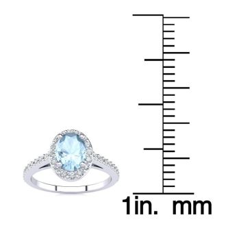 Aquamarine Ring: Aquamarine Jewelry: 1 Carat Oval Shape Aquamarine and Halo Diamond Ring In 14 Karat White Gold