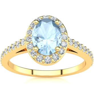 Aquamarine Ring: Aquamarine Jewelry: 1 Carat Oval Shape Aquamarine and Halo Diamond Ring In 14 Karat Yellow Gold