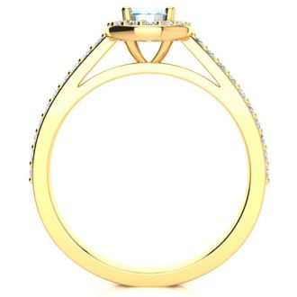Aquamarine Ring: Aquamarine Jewelry: 1 Carat Oval Shape Aquamarine and Halo Diamond Ring In 14 Karat Yellow Gold