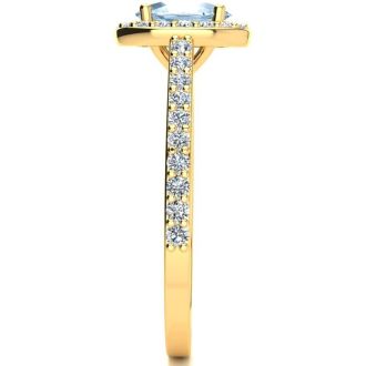 Aquamarine Ring: Aquamarine Jewelry: 1 Carat Oval Shape Aquamarine and Halo Diamond Ring In 14 Karat Yellow Gold