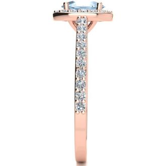 Aquamarine Ring: Aquamarine Jewelry: 1 Carat Oval Shape Aquamarine and Halo Diamond Ring In 14 Karat Rose Gold