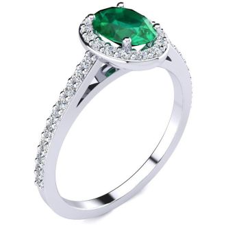 1 Carat Oval Shape Emerald and Halo Diamond Ring In 14 Karat White Gold