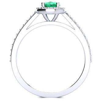 1 Carat Oval Shape Emerald and Halo Diamond Ring In 14 Karat White Gold