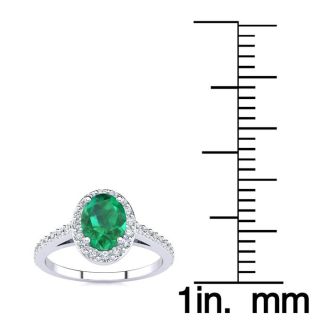 1 Carat Oval Shape Emerald and Halo Diamond Ring In 14 Karat White Gold