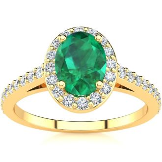 1 Carat Oval Shape Emerald and Halo Diamond Ring In 14 Karat Yellow Gold