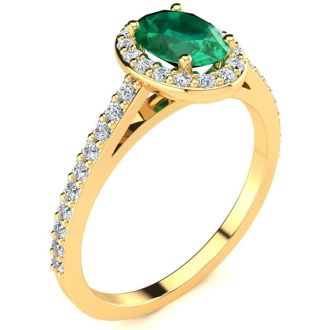 1 Carat Oval Shape Emerald and Halo Diamond Ring In 14 Karat Yellow Gold