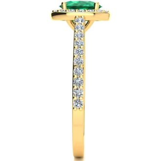 1 Carat Oval Shape Emerald and Halo Diamond Ring In 14 Karat Yellow Gold