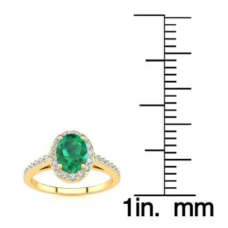 1 Carat Oval Shape Emerald and Halo Diamond Ring In 14 Karat Yellow Gold