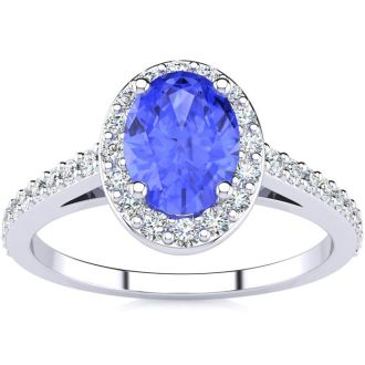 1 1/4 Carat Oval Shape Tanzanite and Halo Diamond Ring In 14 Karat White Gold