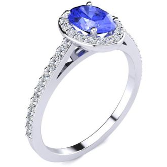 1 1/4 Carat Oval Shape Tanzanite and Halo Diamond Ring In 14 Karat White Gold