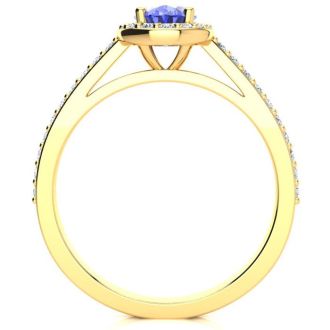 1 1/4 Carat Oval Shape Tanzanite and Halo Diamond Ring In 14 Karat Yellow Gold