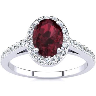 Garnet Ring: Garnet Jewelry: 1 1/3 Carat Oval Shape Garnet and Halo Diamond Ring In 14 Karat White Gold