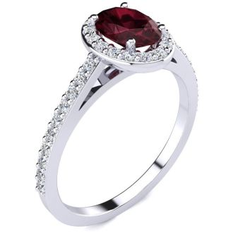 Garnet Ring: Garnet Jewelry: 1 1/3 Carat Oval Shape Garnet and Halo Diamond Ring In 14 Karat White Gold
