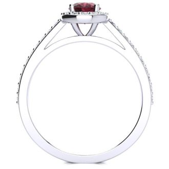Garnet Ring: Garnet Jewelry: 1 1/3 Carat Oval Shape Garnet and Halo Diamond Ring In 14 Karat White Gold