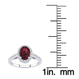 Garnet Ring: Garnet Jewelry: 1 1/3 Carat Oval Shape Garnet and Halo Diamond Ring In 14 Karat White Gold