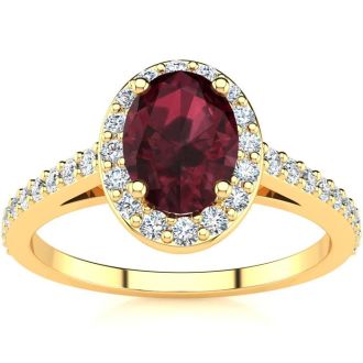Garnet Ring: Garnet Jewelry: 1 1/3 Carat Oval Shape Garnet and Halo Diamond Ring In 14 Karat Yellow Gold