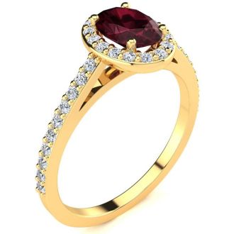Garnet Ring: Garnet Jewelry: 1 1/3 Carat Oval Shape Garnet and Halo Diamond Ring In 14 Karat Yellow Gold