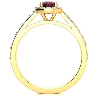Garnet Ring: Garnet Jewelry: 1 1/3 Carat Oval Shape Garnet and Halo Diamond Ring In 14 Karat Yellow Gold