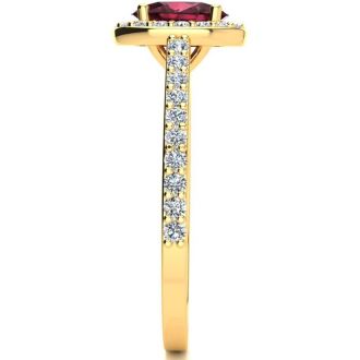 Garnet Ring: Garnet Jewelry: 1 1/3 Carat Oval Shape Garnet and Halo Diamond Ring In 14 Karat Yellow Gold
