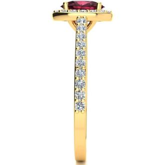 Garnet Ring: Garnet Jewelry: 1 1/3 Carat Oval Shape Garnet and Halo Diamond Ring In 14 Karat Yellow Gold