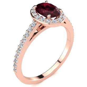 Garnet Ring: Garnet Jewelry: 1 1/3 Carat Oval Shape Garnet and Halo Diamond Ring In 14 Karat Rose Gold