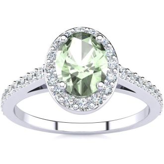 1 Carat Oval Shape Green Amethyst and Halo Diamond Ring In 14 Karat White Gold