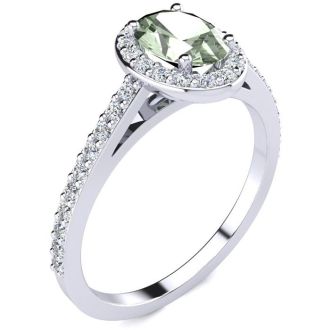 1 Carat Oval Shape Green Amethyst and Halo Diamond Ring In 14 Karat White Gold