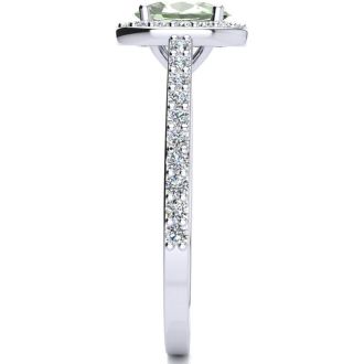 1 Carat Oval Shape Green Amethyst and Halo Diamond Ring In 14 Karat White Gold