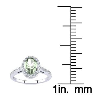 1 Carat Oval Shape Green Amethyst and Halo Diamond Ring In 14 Karat White Gold