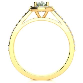 1 Carat Oval Shape Green Amethyst and Halo Diamond Ring In 14 Karat Yellow Gold