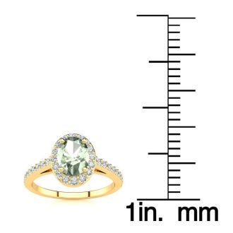 1 Carat Oval Shape Green Amethyst and Halo Diamond Ring In 14 Karat Yellow Gold