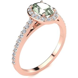 1 Carat Oval Shape Green Amethyst and Halo Diamond Ring In 14 Karat Rose Gold