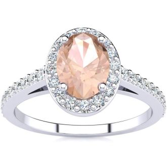 1 Carat Oval Shape Morganite and Halo Diamond Ring In 14 Karat White Gold
